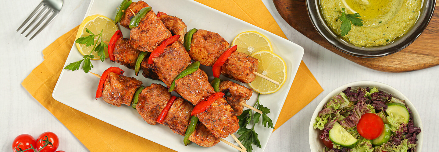 Chicken Shish Tawook with spinach hummus