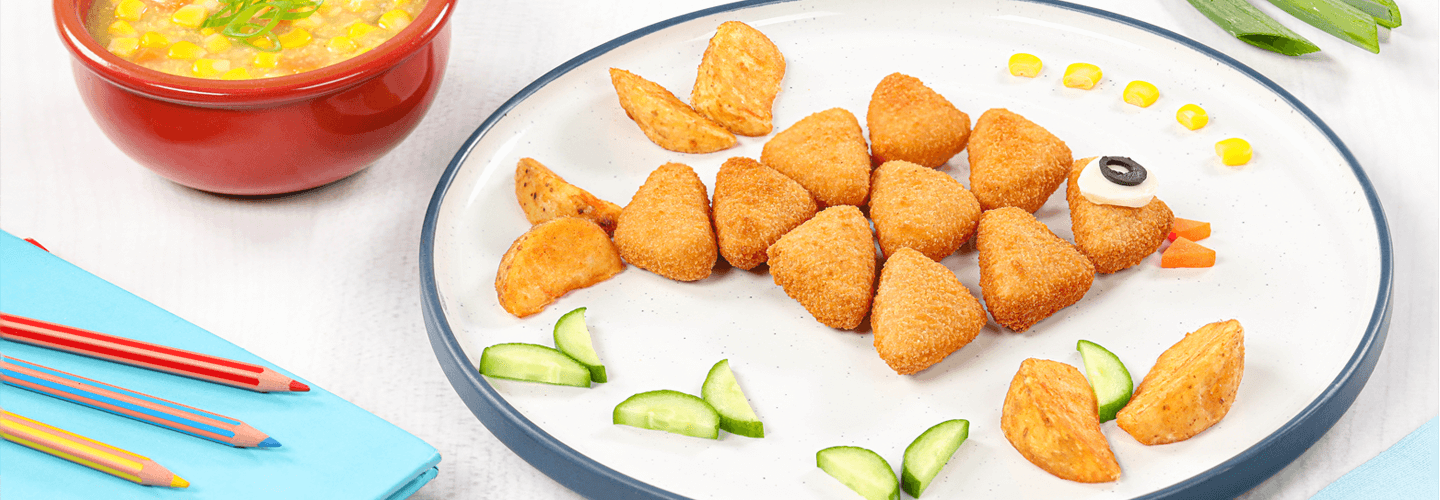 Triangle chicken nuggets with Sweet Corn Soup